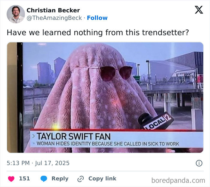 Tweet showing a humorous news segment about a Taylor Swift fan hiding identity, linked to wife of CEO accused cheating scandal.