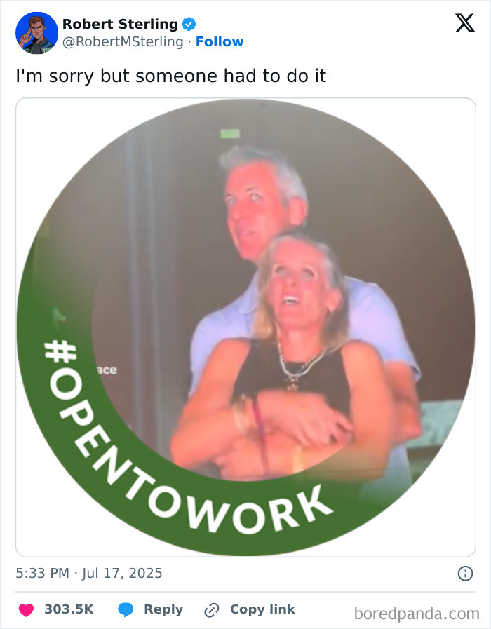 Screenshot of a tweet showing a couple embracing, related to Chris Martin exposes CEO's affair at Coldplay concert memes.
