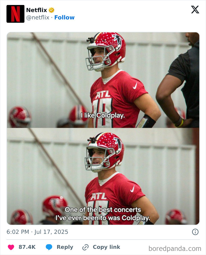 NFL player wearing red Atlanta Falcons jersey saying he likes Coldplay, related to brands mocking CEO caught cheating on Coldplay Kiss Cam.