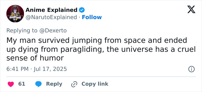Tweet from Anime Explained joking about a daredevil skydiver dying mid-air after a risky jump, highlighting eerie viral post. Tweet from Anime Explained joking about a daredevil skydiver dying mid-air after a risky jump, highlighting eerie viral post.
