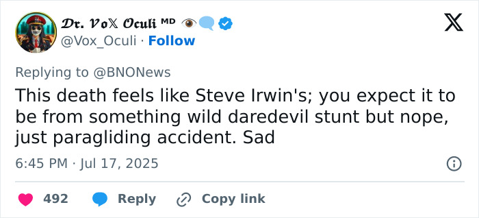 Screenshot of a tweet discussing a daredevil skydiver’s tragic mid-air accident and viral final post after crashing into a pool. Screenshot of a tweet discussing a daredevil skydiver’s tragic mid-air accident and viral final post after crashing into a pool.