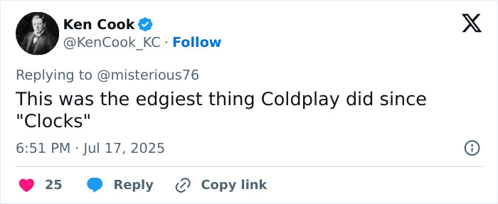 Tweet about Coldplay, referencing their music and the viral cheating scandal involving Chris Martin at a concert.