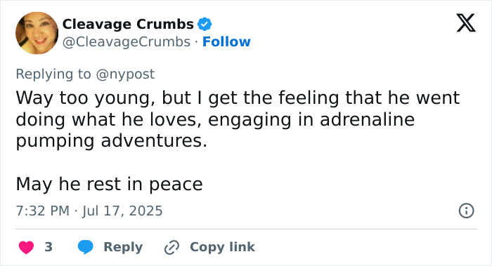 Screenshot of a tweet expressing condolences for the daredevil skydiver who passed away mid-air and crashed into a pool. Screenshot of a tweet expressing condolences for the daredevil skydiver who passed away mid-air and crashed into a pool.