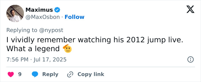 Tweet by Maximus recalling a legendary daredevil skydiver's 2012 jump, related to eerie final post going viral. Tweet by Maximus recalling a legendary daredevil skydiver's 2012 jump, related to eerie final post going viral.