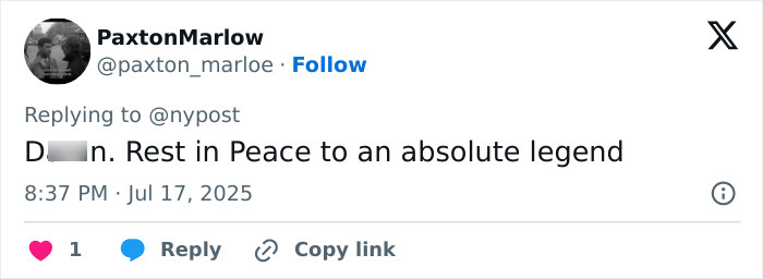Tweet from user PaxtonMarlow expressing condolences for a daredevil skydiver who passed away mid-air and crashed into a pool. Tweet from user PaxtonMarlow expressing condolences for a daredevil skydiver who passed away mid-air and crashed into a pool.