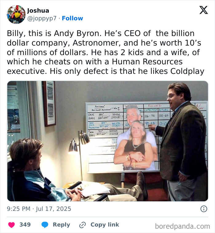 ALT text: Scene from a viral meme where Chris Martin exposes a CEO's affair during a Coldplay concert, sparking hilarious jokes and memes.