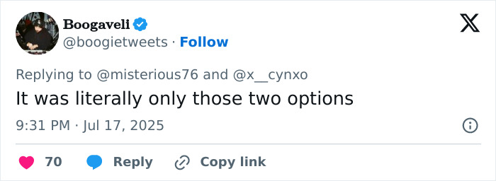 Tweet from Boogaveli replying about limited options, related to Chris Martin interrogating couple after viral cheating scandal at Coldplay concert.