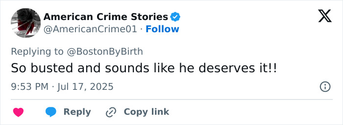 Screenshot of a tweet from American Crime Stories responding to a comment about a violent school story involving a CEO.