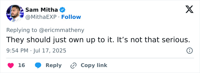 Tweet from Sam Mitha commenting on cheating CEO incident at Coldplay concert, urging accountability and downplaying severity.