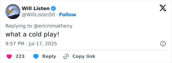 Screenshot of a tweet sarcastically referencing Coldplay by user Will Listen during an online conversation.