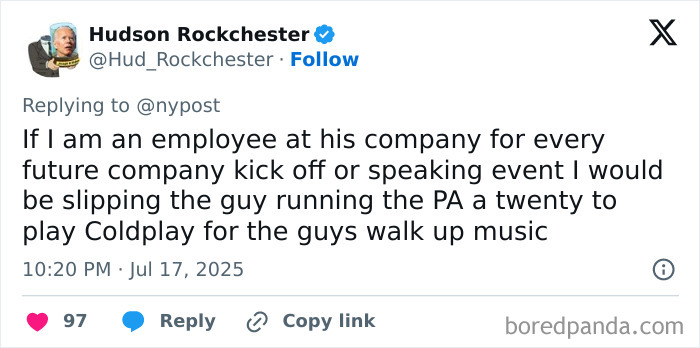 Tweet from Hudson Rockchester reacting to Coldplay kiss cam drama and staff's view of toxic CEO in a company setting.