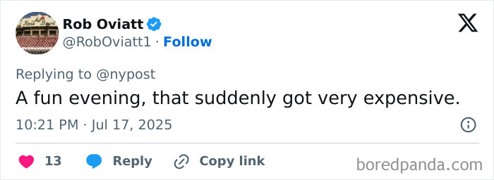 Tweet by Rob Oviatt commenting on an expensive evening, relating to staff's reaction to toxic CEO Coldplay Kiss Cam drama.