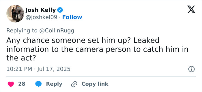 Tweet by Josh Kelly questioning if Chris Martin was set up with leaked info to the camera person after viral cheating scandal at Coldplay concert.