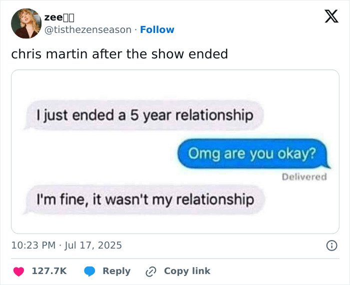 Text message exchange about ending a five-year relationship, linked to Chris Martin interrogating second couple after cheating scandal.