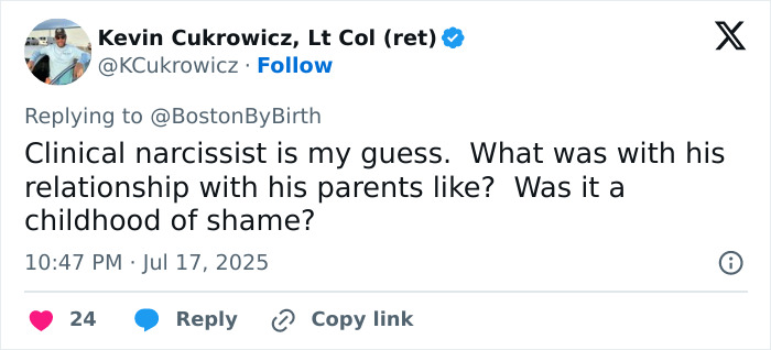 Tweet by Kevin Cukrowicz discussing a clinical narcissist related to a violent school story about sociopath CEO.