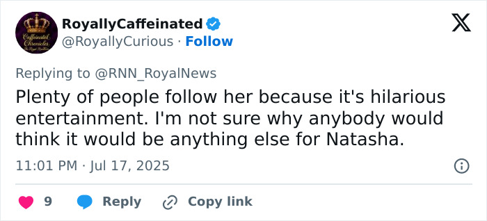 Tweet from RoyallyCaffeinated replying to RoyalNews about entertainment involving Kate Middleton’s ex-assistant and Meghan Markle. - 18