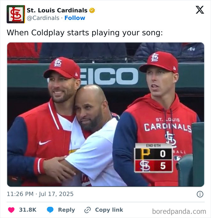 St. Louis Cardinals players reacting to Coldplay music, part of brands making fun of CEO caught cheating on Kiss Cam.