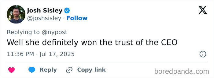 Tweet by Josh Sisley responding about CEO trust amid Coldplay scandal involving CEO's past comments about HR chief.
