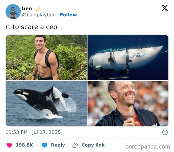 Collage with a smiling man, a deep-sea sub, orcas jumping, and Chris Martin laughing at a Coldplay concert joke.