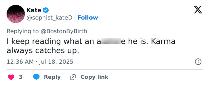 Screenshot of a social media reply discussing karma and a violent school story related to a sociopath CEO after cheating scandal.