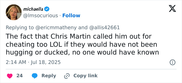 Screenshot of a tweet discussing a Coldplay fan who exposed a cheating CEO at a concert by filming the kiss cam.