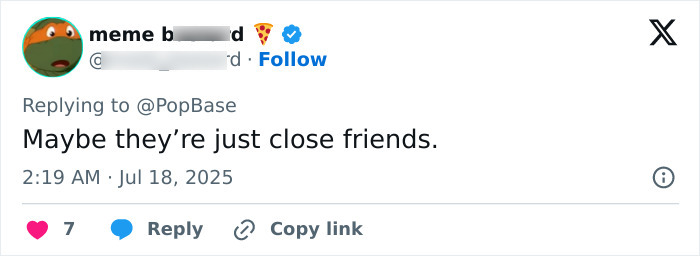 Screenshot of a tweet replying to PopBase with the comment maybe they&rsquo;re just close friends about Coldplay fan who exposed cheating CEO.