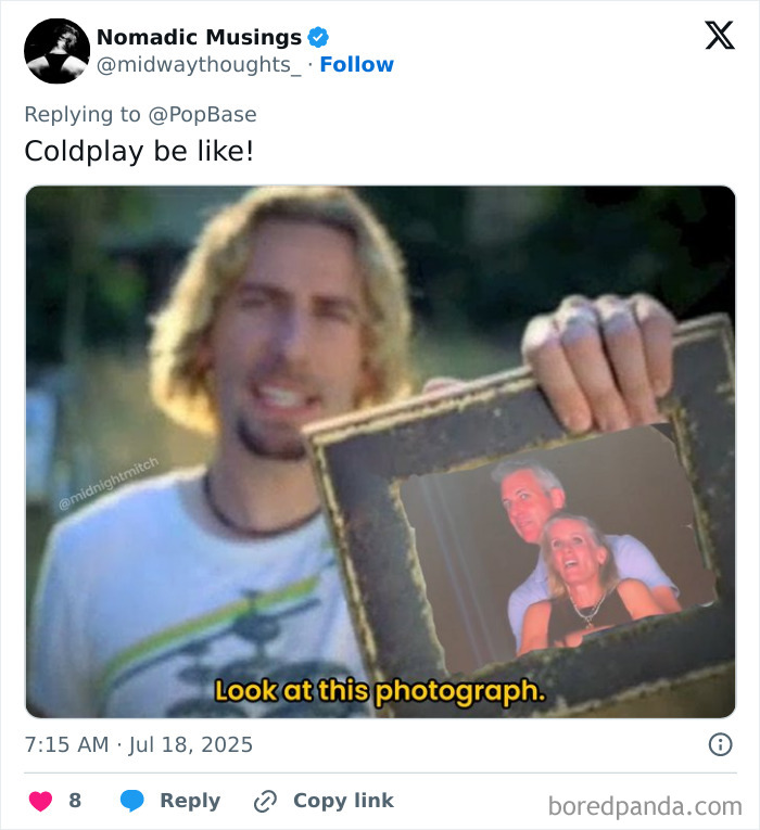 Alt text: Chris Martin meme holding photo, referencing Coldplay concert and CEO's affair with humorous reactions online.