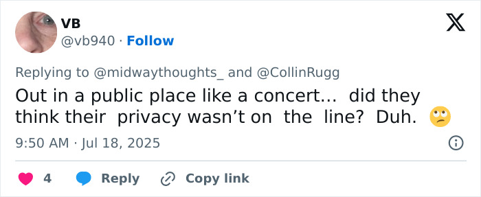 Screenshot of a tweet about privacy concerns following a viral cheating scandal at a Coldplay concert.