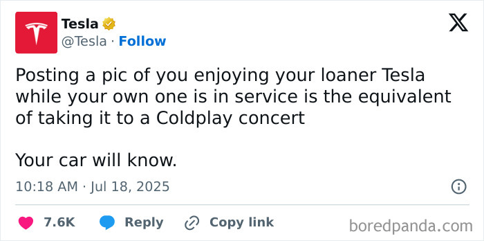 Tesla tweet joking about loaner cars at Coldplay concert, part of brands mocking CEO caught cheating on Coldplay kiss cam