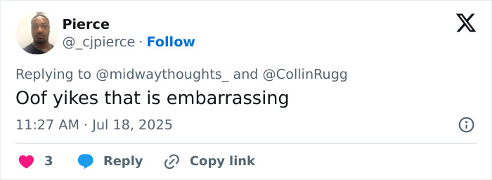 Screenshot of a tweet by Pierce reacting to viral Coldplay concert cheating scandal involving Chris Martin interrogating a second couple.