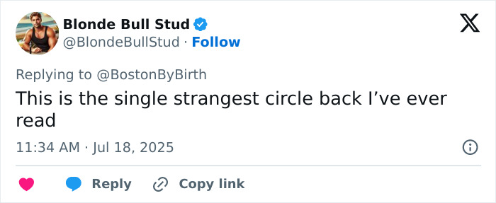 Tweet from Blonde Bull Stud commenting on a strange circle back, related to a sociopath CEO after Coldplay concert cheating scandal.