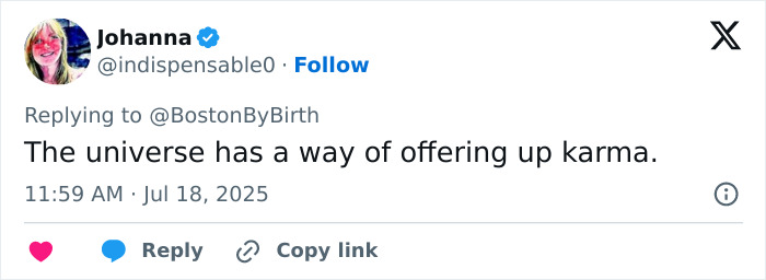 Tweet from Johanna responding to a Coldplay concert cheating scandal, mentioning karma and a sociopath CEO story.