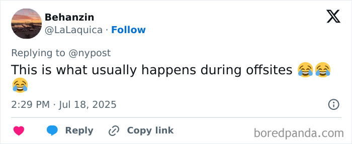 Screenshot of a Twitter reply discussing offsite events with laughing emojis amid Coldplay scandal discussion.