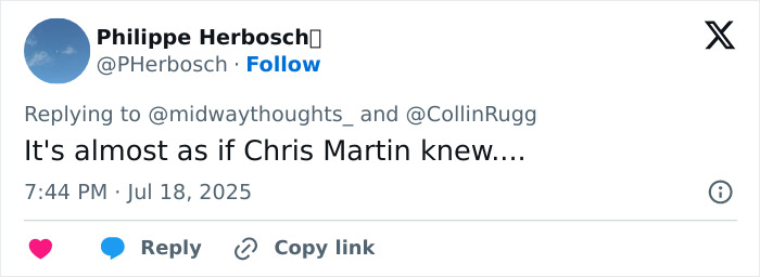 Tweet from Philippe Herbosch referencing Chris Martin, shared during discussions about a viral cheating scandal at a Coldplay concert.