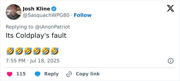 Social media post reacting to the astronomer CEO Andy Byron kiss cam incident at Coldplay concert.