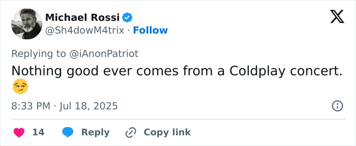 Tweet by Michael Rossi expressing a negative opinion about a Coldplay concert after an Astronomer CEO kiss cam incident.
