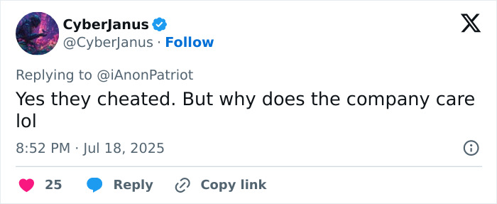 Tweet from CyberJanus replying about company concerns after cheating claims, related to Astronomer CEO Andy Byron incident.