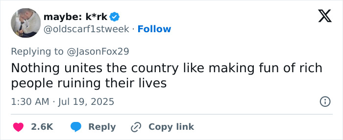 Tweet discussing public reaction to rich people&rsquo;s humiliation, mentioning baseball mascot mocking CEO in Kiss Cam scandal.