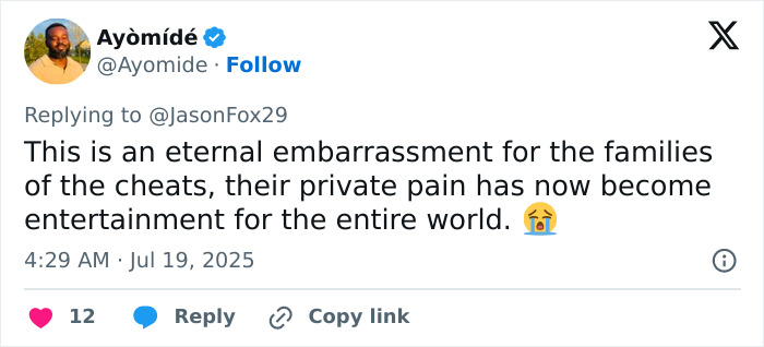 Tweet by Ayomid&eacute; reacting to a kiss cam scandal, mentioning embarrassment and private pain of disgraced CEO.