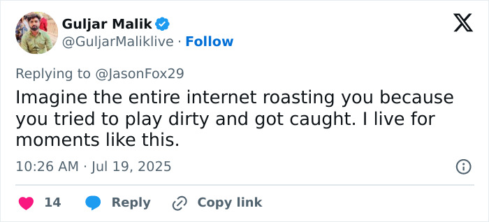 Twitter post by Guljar Malik reacting to internet roasting over kiss cam scandal involving a disgraced CEO.