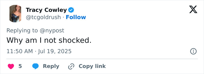 Screenshot of a tweet by Tracy Cowley replying to nypost about the seventh substance-related passing in adult industry.