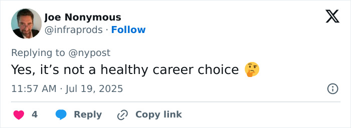 Tweet from Joe Nonymous replying about unhealthy career choices, highlighting substance-related passing in adult industry discussion.