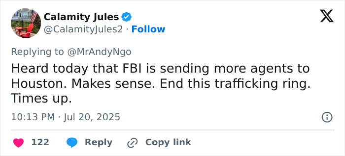 Tweet by Calamity Jules discussing FBI sending more agents to Houston to end trafficking ring. Tweet by Calamity Jules discussing FBI sending more agents to Houston to end trafficking ring.