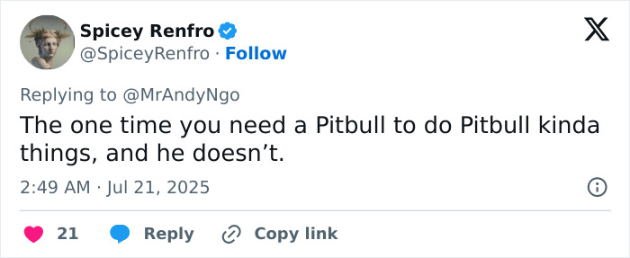 Tweet from Spicey Renfro responding to another user, commenting on a Pitbull not acting as expected in a situation. Tweet from Spicey Renfro responding to another user, commenting on a Pitbull not acting as expected in a situation.