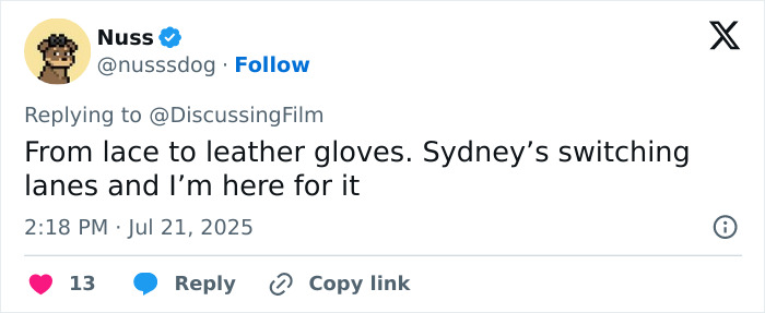 Tweet screenshot showing user Nuss commenting on Sydney Sweeney’s dramatic body transformation for legendary boxer role. Tweet screenshot showing user Nuss commenting on Sydney Sweeney’s dramatic body transformation for legendary boxer role.