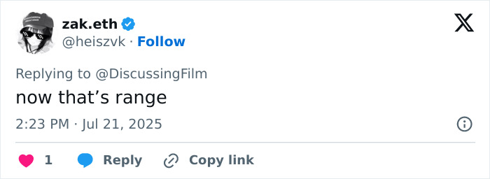 Tweet from zak.eth praising range, posted at 2:23 PM on July 21, 2025, related to Sydney Sweeney’s dramatic body transformation for boxer role. Tweet from zak.eth praising range, posted at 2:23 PM on July 21, 2025, related to Sydney Sweeney’s dramatic body transformation for boxer role.
