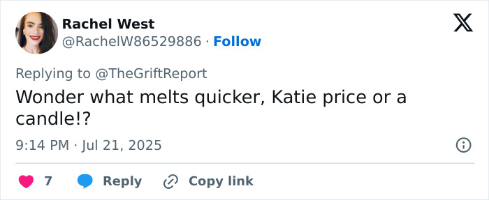 Tweet from Rachel West commenting on Katie Price, mentioning a comparison to melting speed related to a candle. - 15