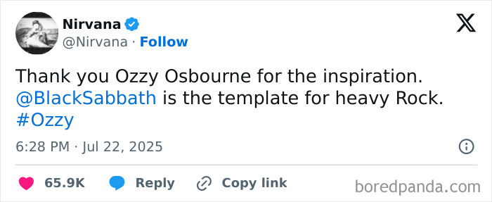 Tweet from Nirvana thanking Ozzy Osbourne for inspiration, calling Black Sabbath the template for heavy rock music.
