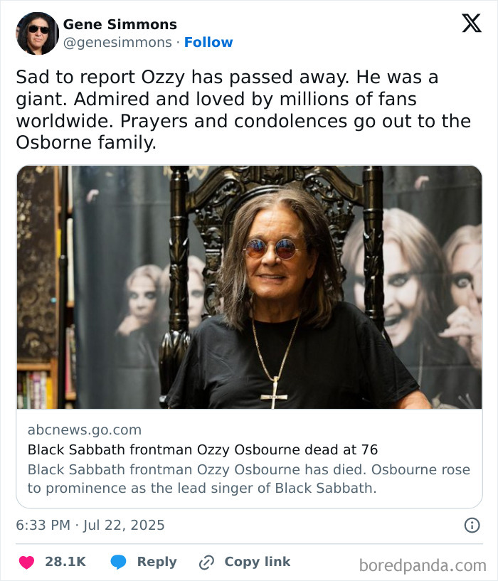 Gene Simmons tribute post for Ozzy Osbourne mourning the rock legend and Prince of Darkness with condolences to the Osborne family.