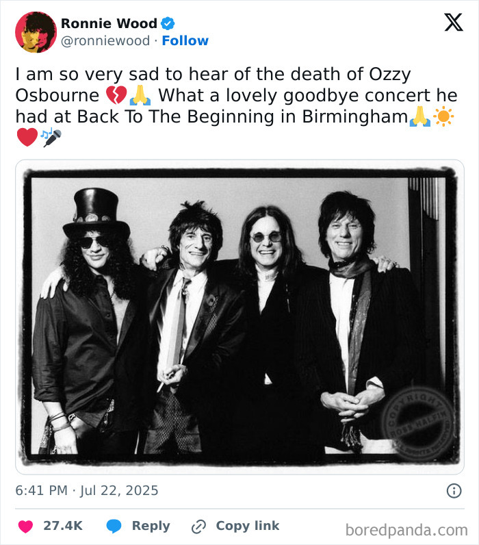 Black and white photo of rock legends including Ozzy Osbourne, sharing a tribute moment after his farewell concert in Birmingham.